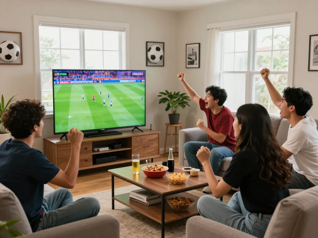 Bạn bè phấn khởi xem bóng đá trực tiếp tại Lương Sơn TV trong một không gian ấm cúng.