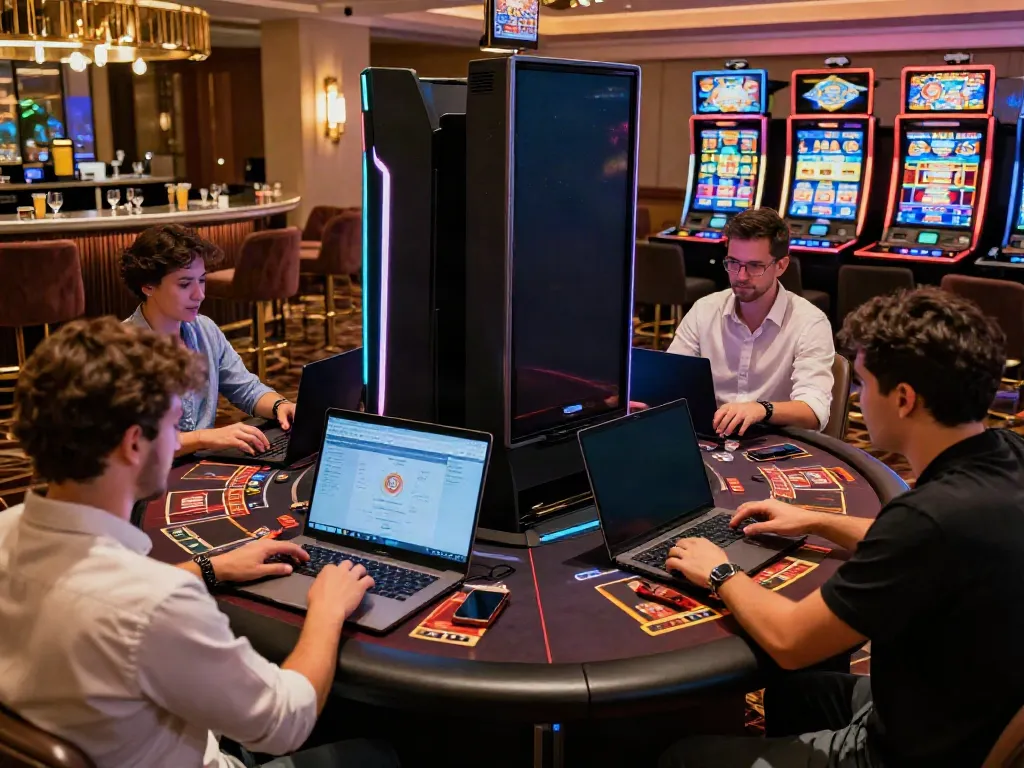 Experience the thrill of Casino sans Depot with stylish gamers in a vibrant online casino setting.