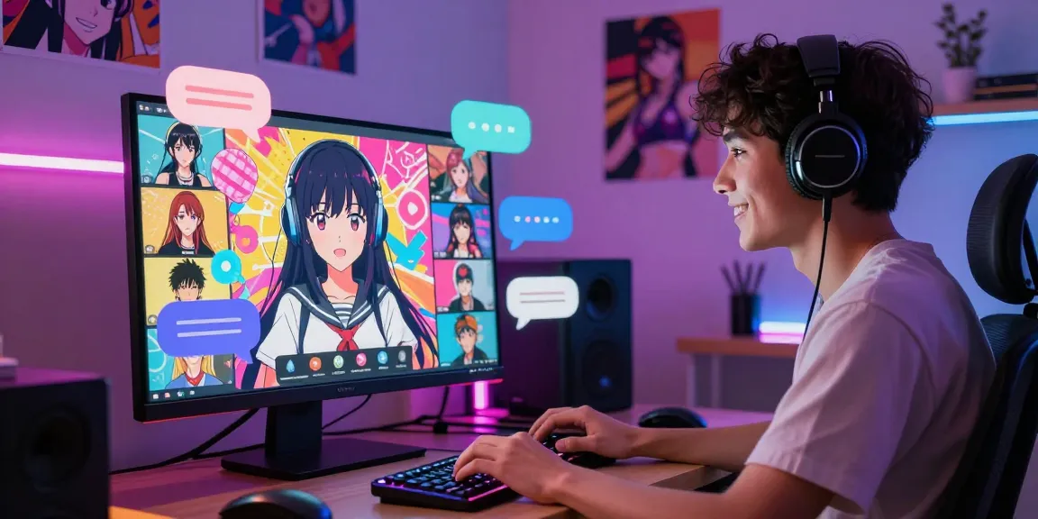 Engaging ai ecchi chat interaction in a vibrant digital room with anime avatars.