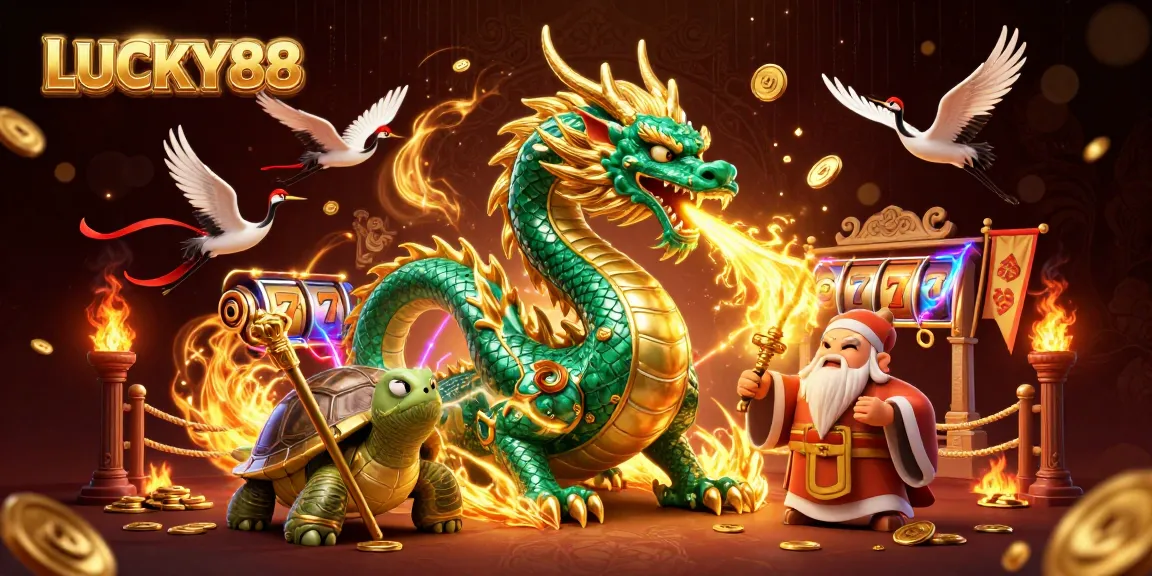 LUCKY88 slot gameplay featuring a jade dragon, turtle sage, and lucky cranes amidst vibrant casino elements.