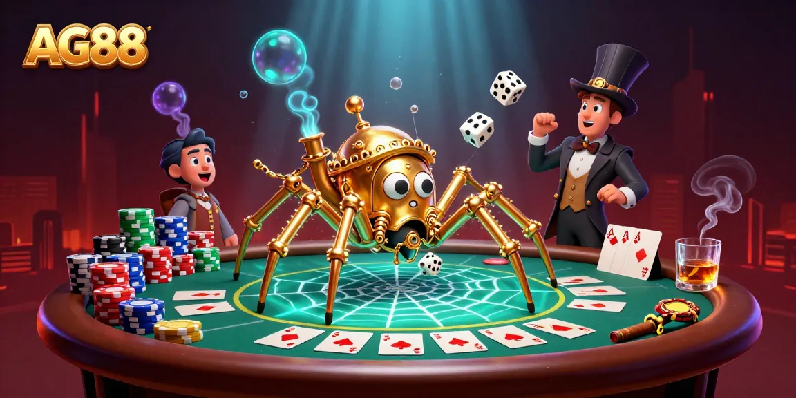 AG88 enhances the thrill of poker with a steampunk spider and charming fly in a vibrant 3D scene.