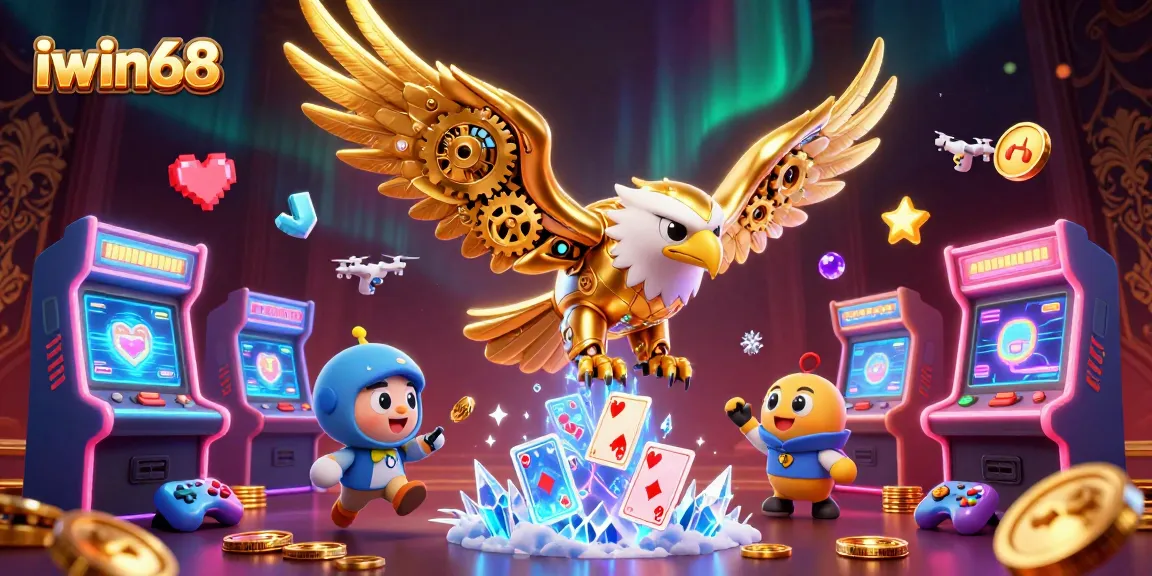 Experience iwin68's dynamic gaming world with vibrant holographic cards and interactive elements.