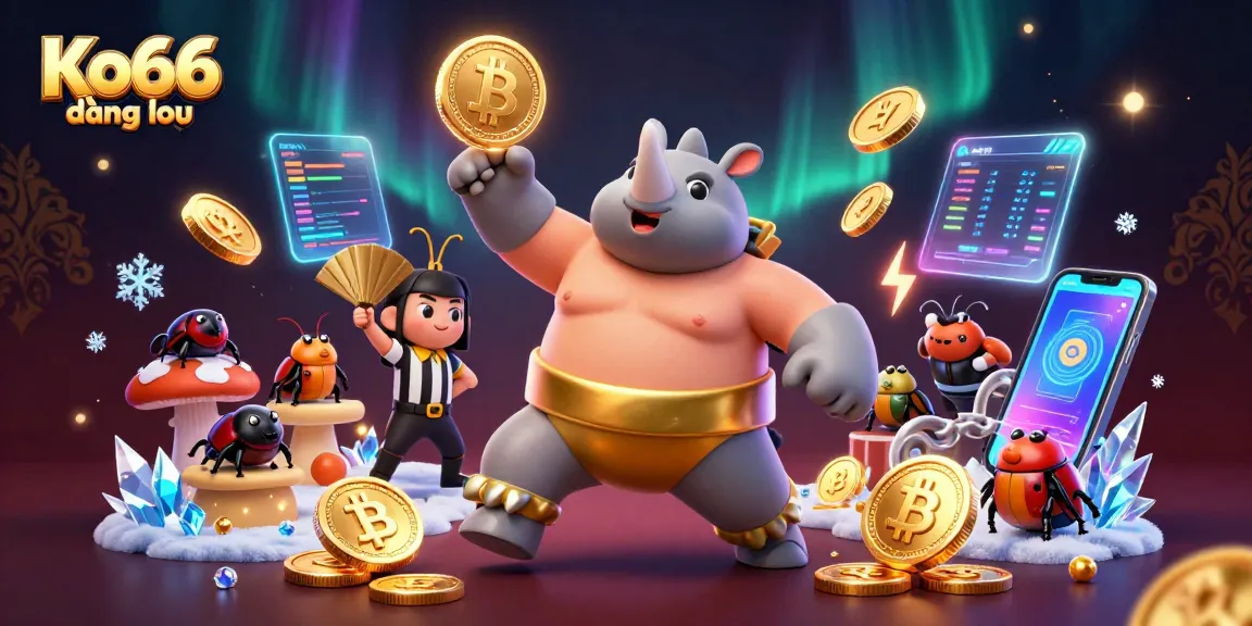 Experience Ko66 đăng nhập with a vibrant illustration of a beetle sumo champion amidst a dynamic casino scene.