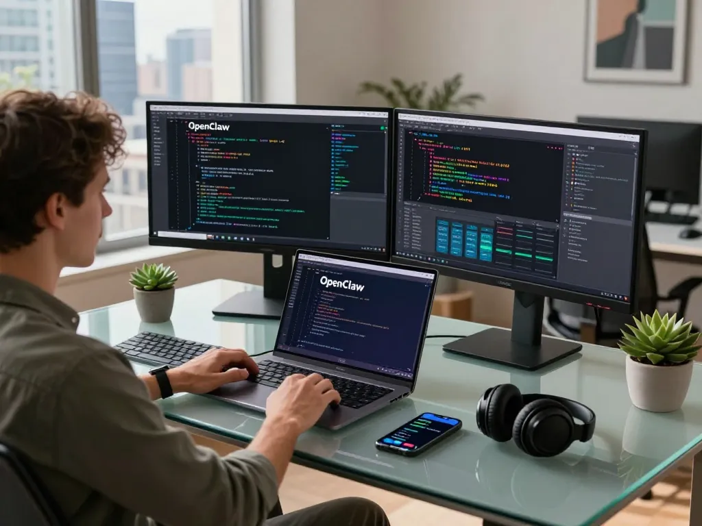 Developer coding OpenClaw in a modern workspace with city skyline view