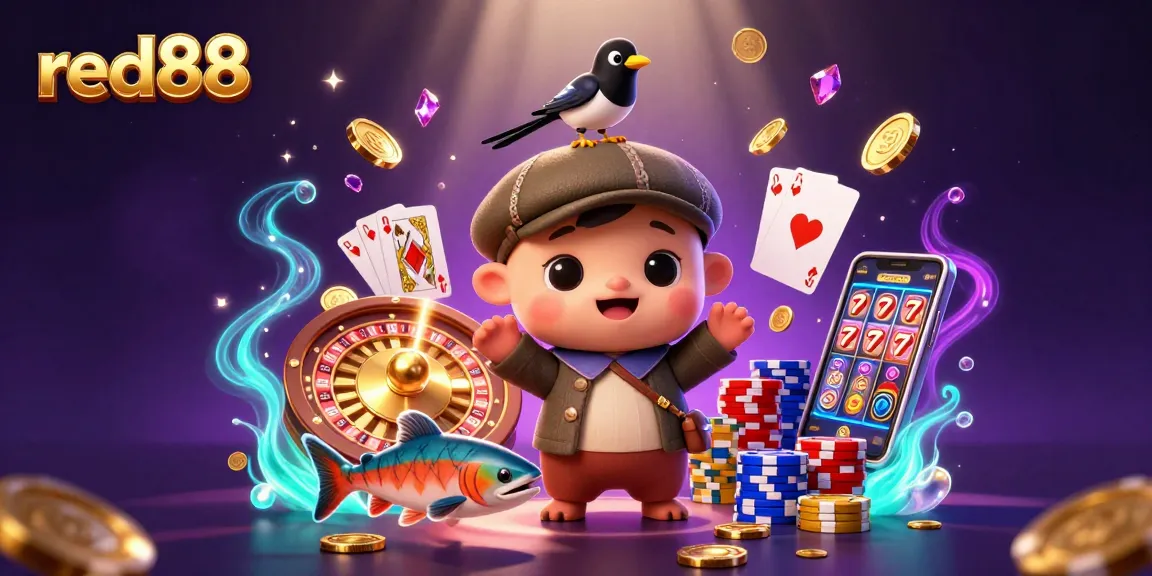 Win big at red88 as the playful Nessie and gold magpie celebrate with cascading coins and gems.