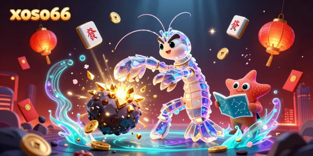 Experience the excitement of xoso66 with a vibrant 3D illustration featuring galactic characters and dynamic casino elements.