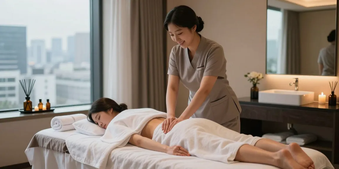 Relaxing 강남출장마사지 experience with a professional Korean therapist in a serene hotel room, showcasing luxurious wellness.
