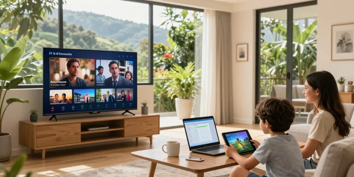 Familia disfrutando de etb internet hogar medellin en un ambiente acogedor mientras ven películas.