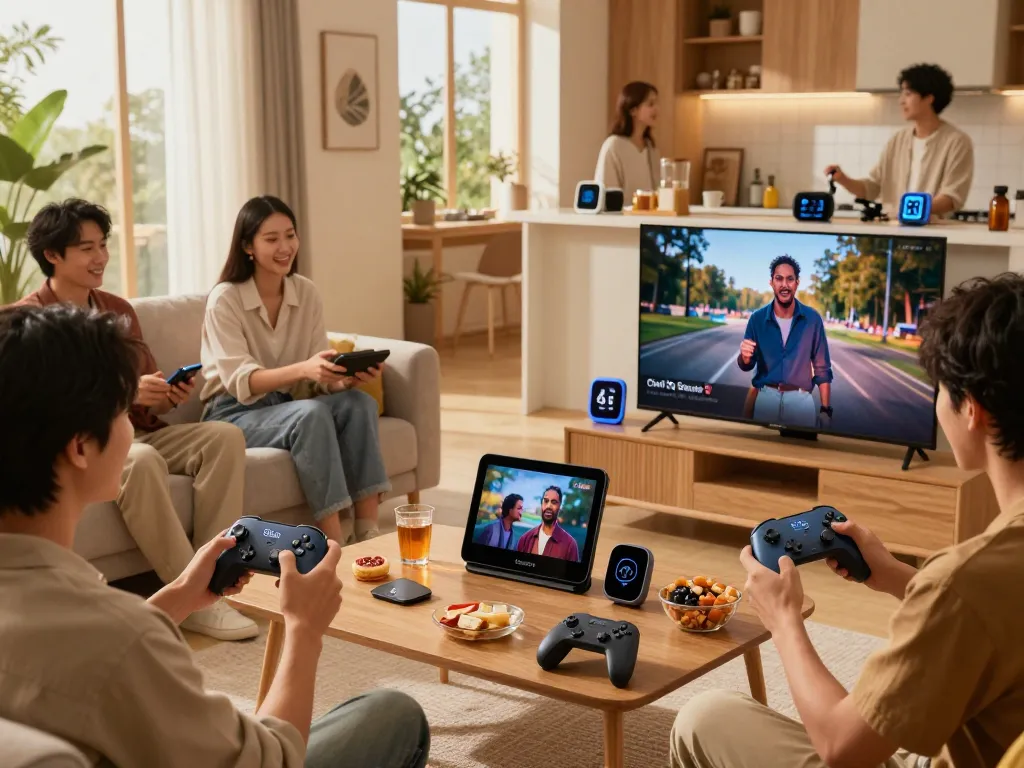 Friends enjoying cool tech gadgets under $100 including Bluetooth controllers, smart devices, and kitchen tools in a modern living room.