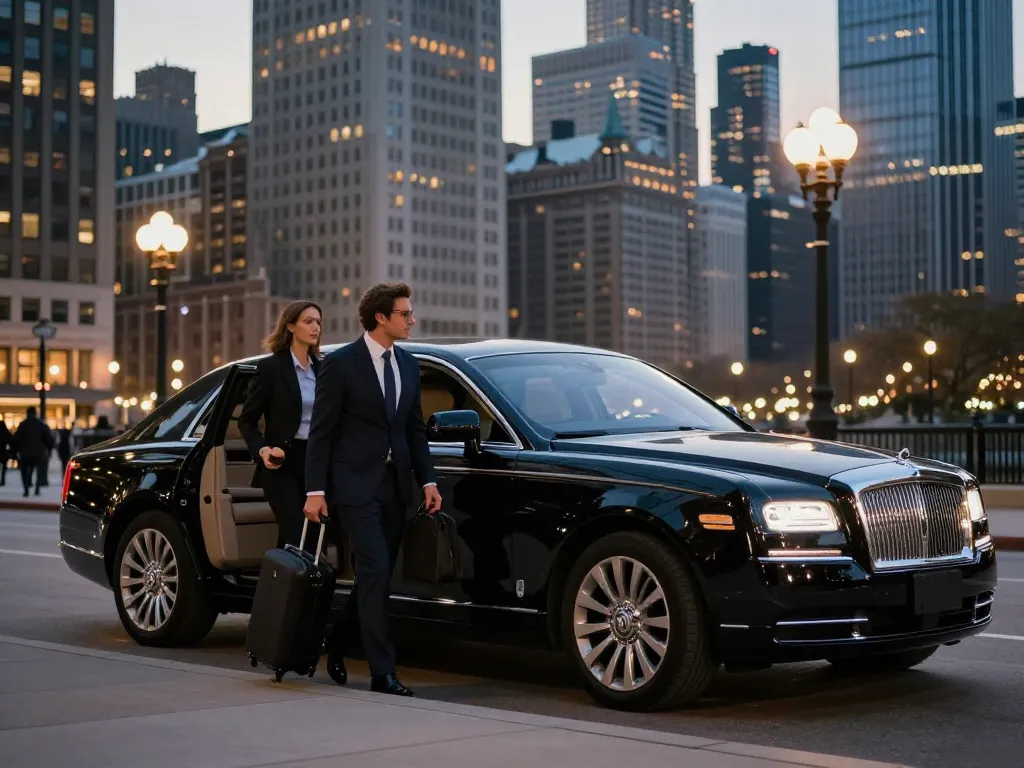 Chicago limo service featuring a couple arriving in a Lincoln Continental, city skyline in the background.