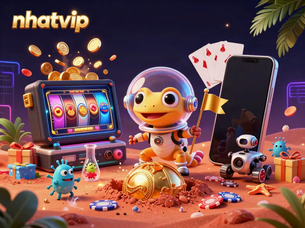 Experience the thrill of nhatvip with a Martian gecko discovering a golden casino amid vibrant gambling elements.
