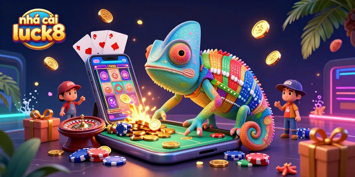 Engage with nhà cái luck8 through a vibrant 3D casino scene featuring colorful slot games.