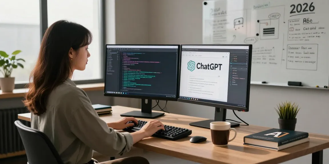 Tech workspace showing a developer exploring ChatGPT alternatives amid coding setup for 2026.