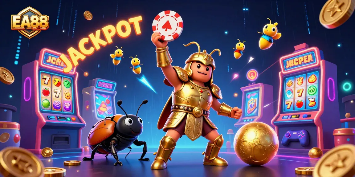 Spin the jackpot with EA88 in a colorful casino scene featuring dynamic characters and vibrant slot machines.