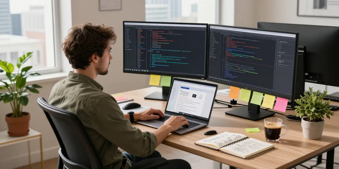 Web developer focused on coding at https://miraviglp.com, showcasing a modern digital workspace with multiple screens.
