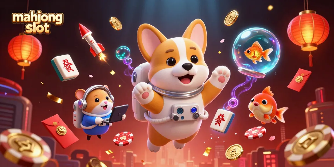 Engage in the mahjong slot adventure with a floating corgi, casino action, and dynamic gameplay elements.