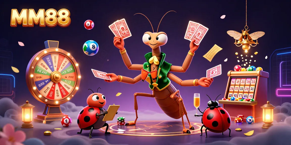 MM88 showcases vibrant 3D casino action with a mantis dealer, ladybug pit boss, and lottery elements