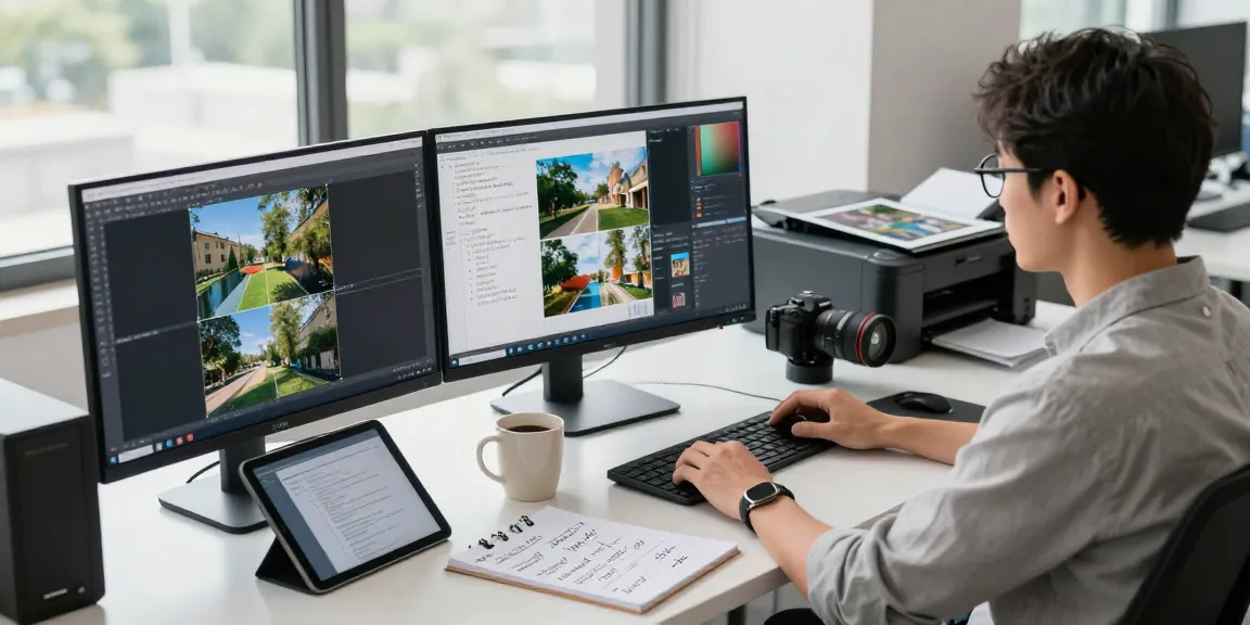 AI image detector results displayed on multiple screens in a tech workspace.