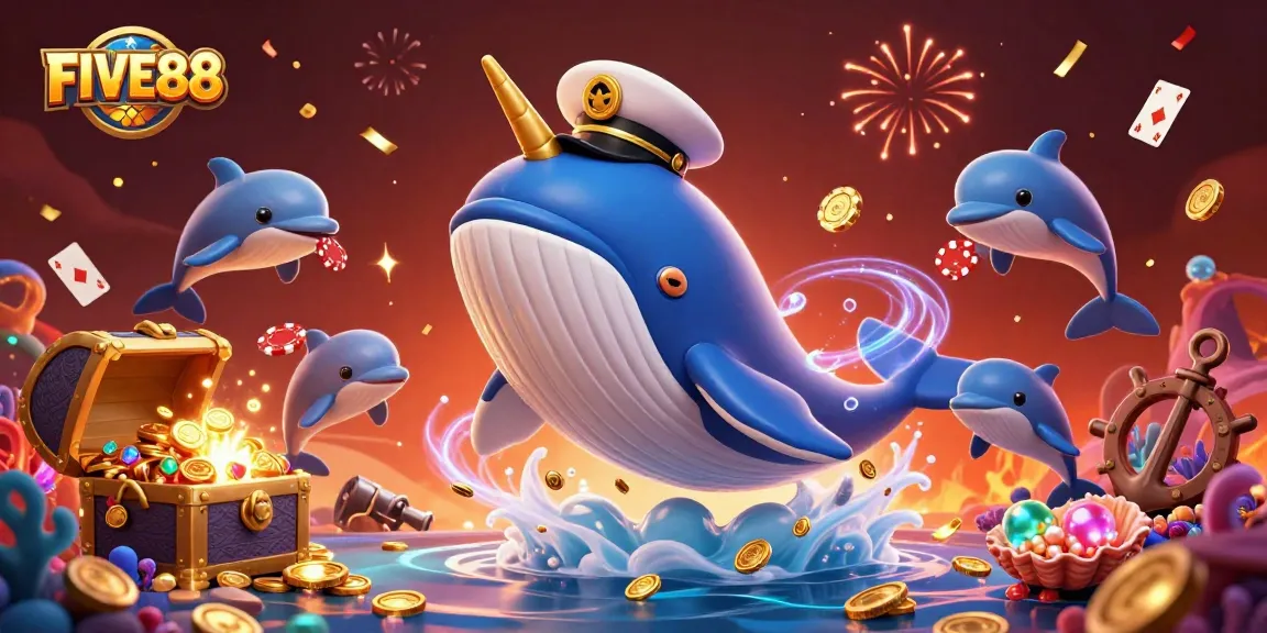 Engage in the thrills of FIVE88 casino gaming with a vibrant underwater scene featuring a whale and dolphins.