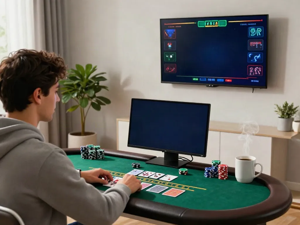 Playing blackjack en ligne from a cozy home setup with accessories and a warm atmosphere.