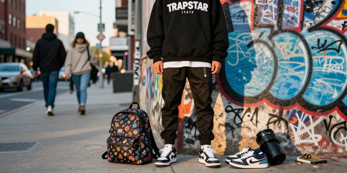 Scena della moda streetwear di Trapstar Italy che ritrae uno stile urbano con abbigliamento alla moda.