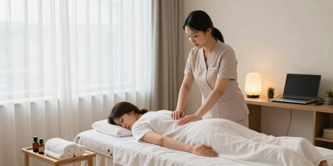 동탄출장마사지 service showcasing a professional Korean masseuse providing a tranquil home massage experience.