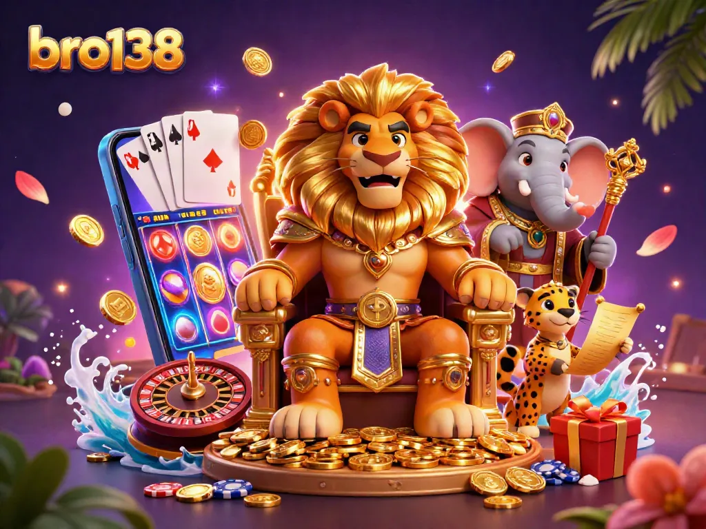 Engage with bro138's thrilling gaming experience through vibrant characters and dynamic casino elements.