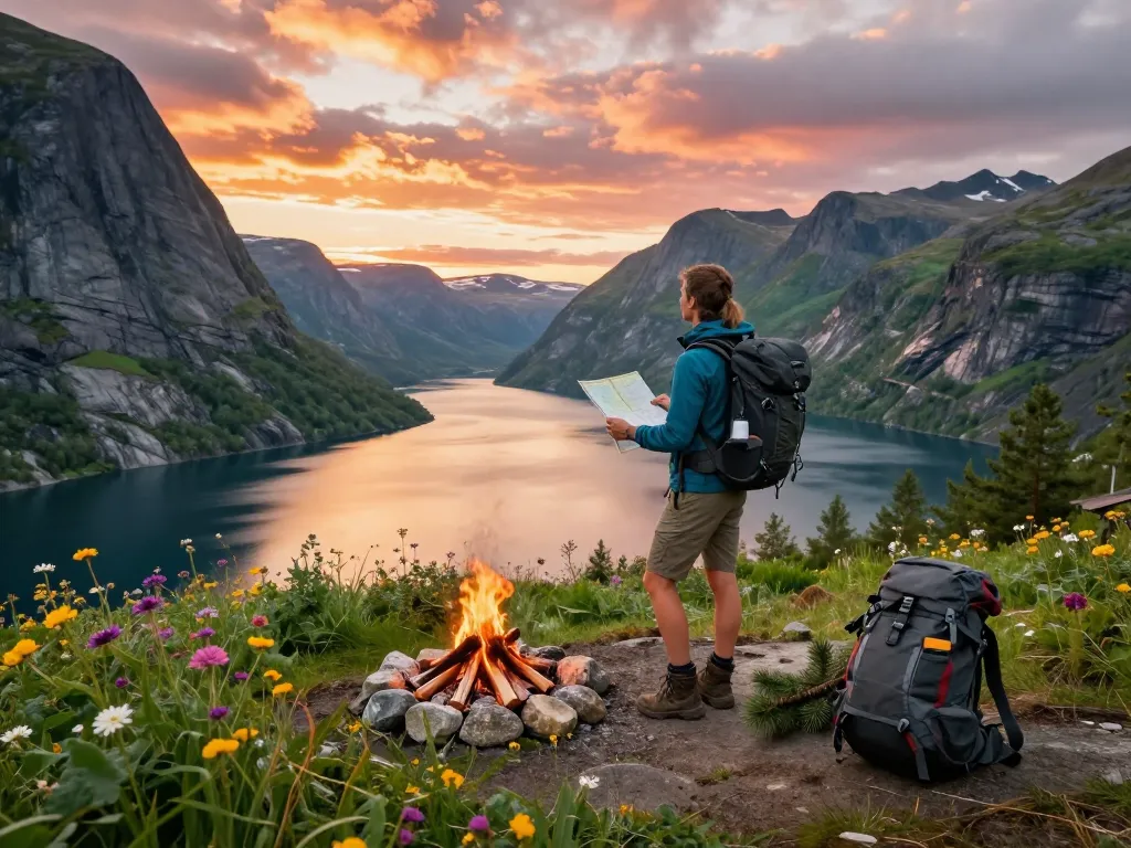 Reisender, der die Natur während des Sonnenuntergangs mit Skandinavien Reisetipps in einer malerischen Fjordumgebung erkundet.