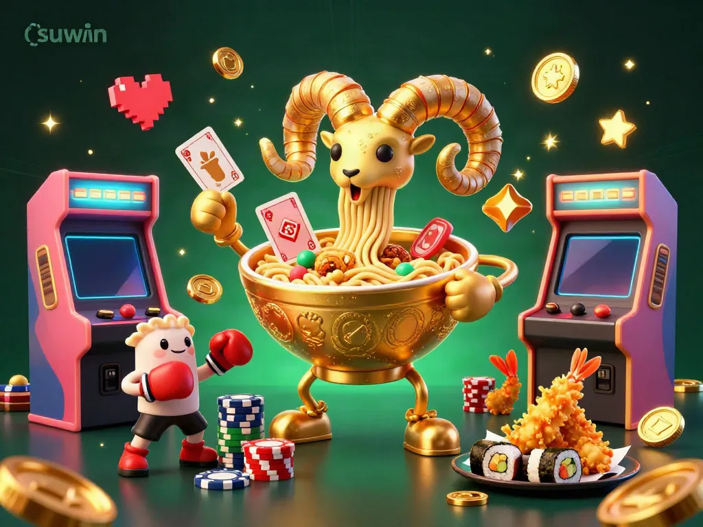 Engage with the thrilling suwin casino atmosphere featuring a golden ramen bowl dealer and vibrant game elements.