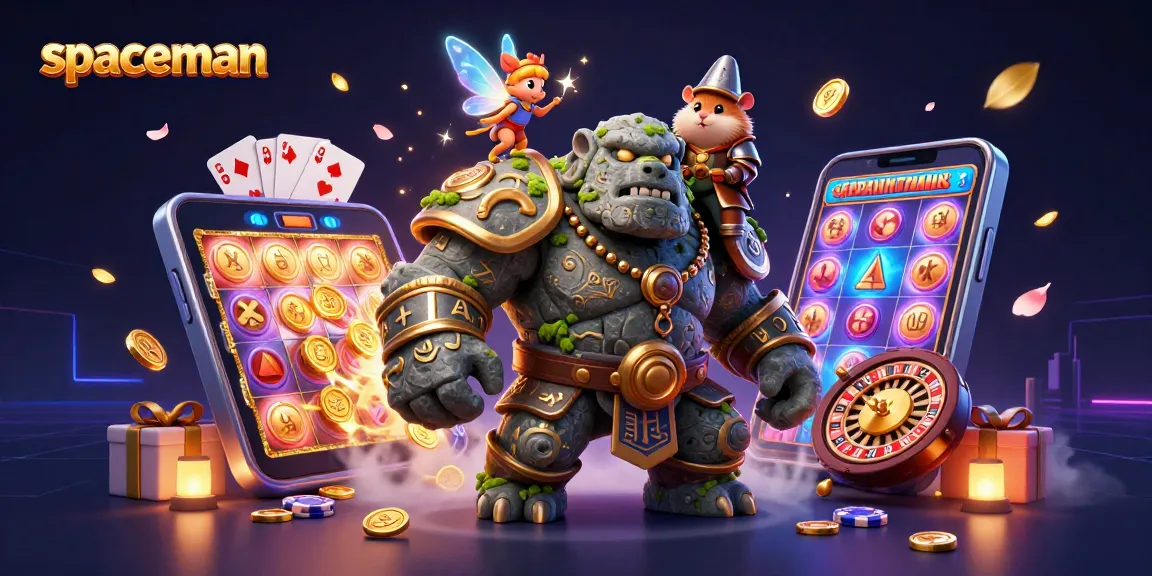 Engage with the spaceman slot game featuring a golem guardian and fairy amidst colorful casino elements.