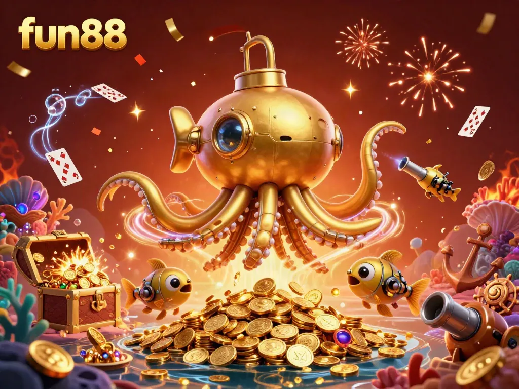 Experience fun88's thrilling 3D adventure with a golden kraken submarine amid vibrant casino elements.