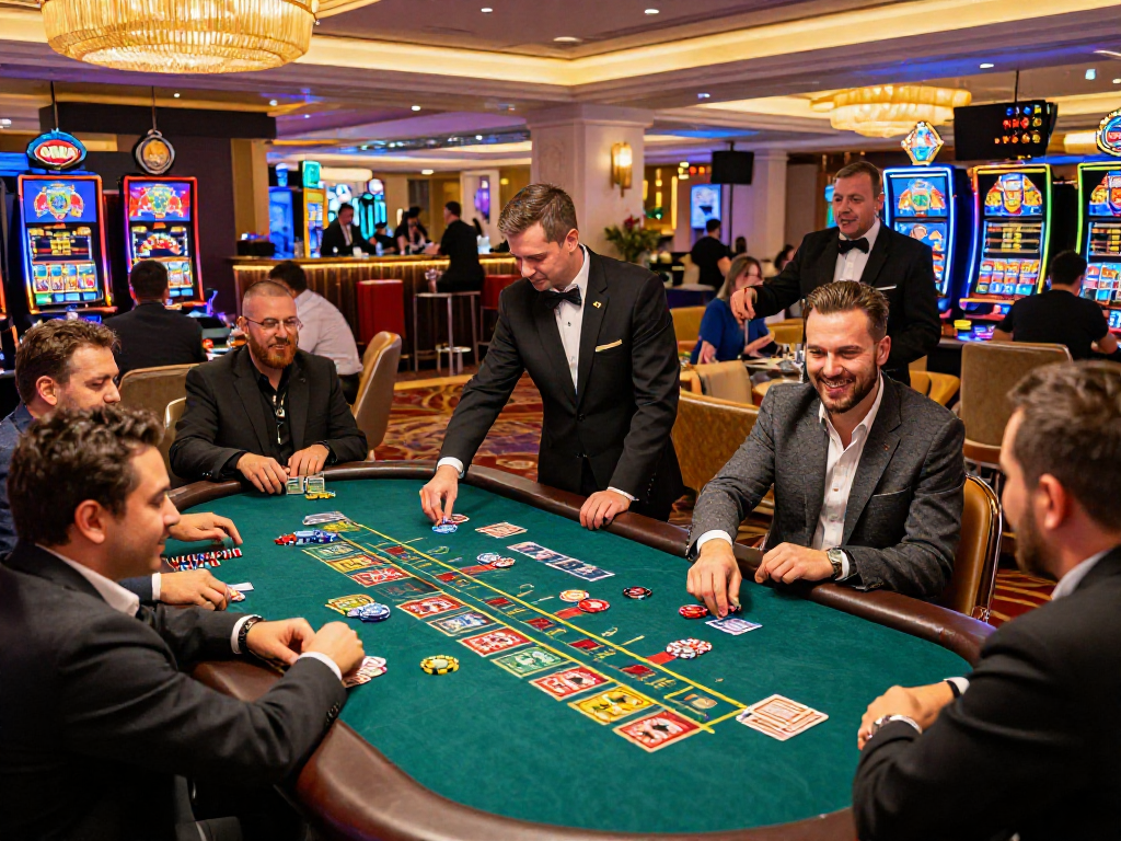 Gioco entusiasta in un casinò non AAMS, con scommettitori felici attorno al tavolo della roulette.