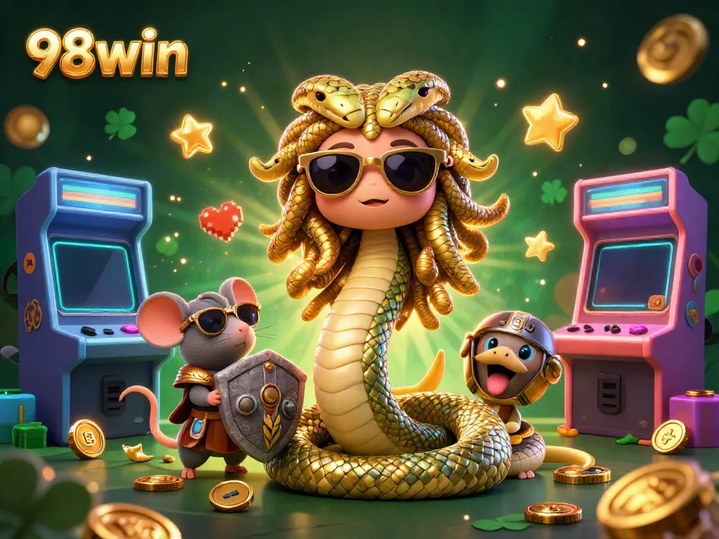 Engage in vibrant casino excitement with 98win's colorful gaming scene featuring Medusa and treasures.