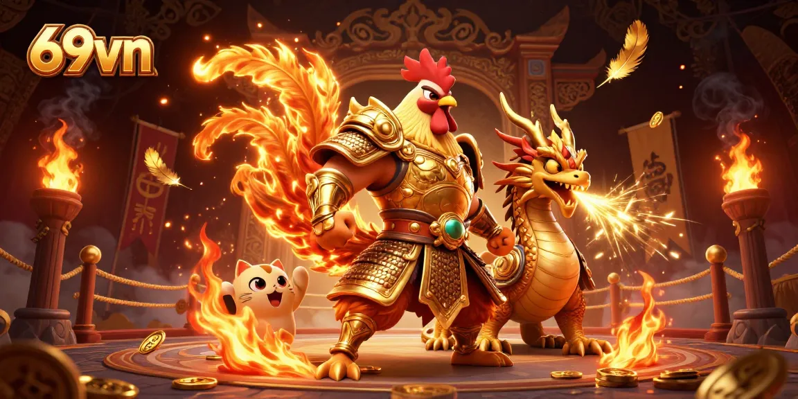 Engage in thrilling action with 69vn, showcasing fierce warriors amidst a vibrant casino setting.