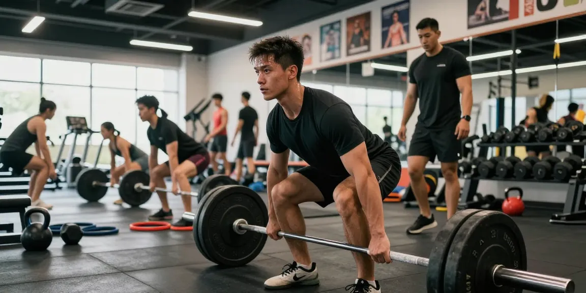 Beeindruckende Fitnessszene mit einem Mann, der Gewichte im Steroidshop-Fitnessstudio hebt.