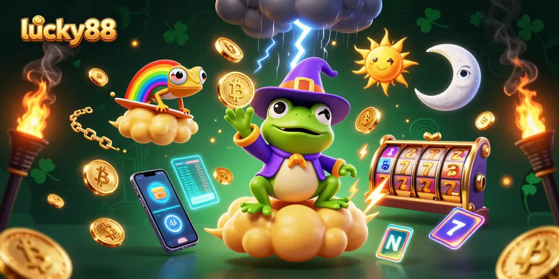 Engage in thrilling gameplay with lucky88 as a weather wizard frog conjures golden coins and a chameleon on a golden cloud.