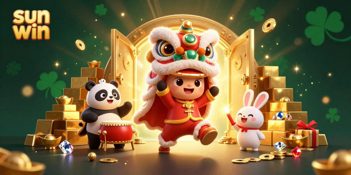Experience exhilarating fun at sun win with cartoon lion dancing and dazzling treasures.