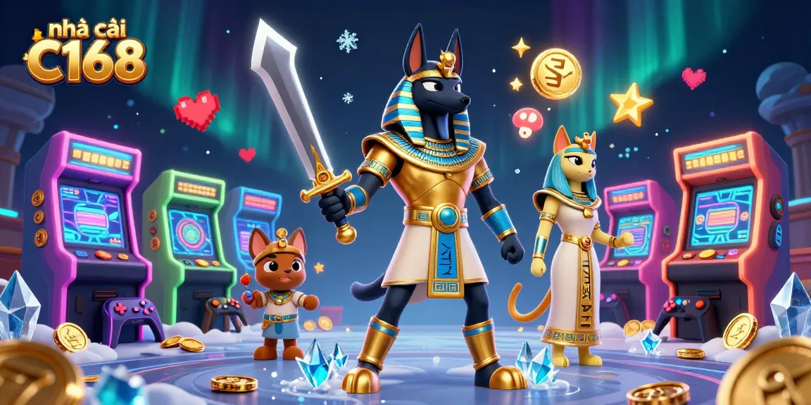 Experience gameplay at nhà cái C168 with an elaborate 3D illustration featuring Anubis and vibrant gaming elements.