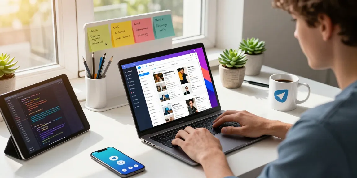 Explore Telegram Download in a modern tech workspace filled with gadgets and innovative tools.