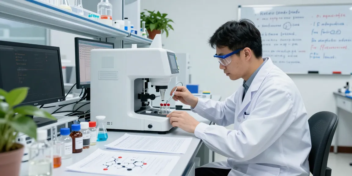 Scientist conducting retatrutide peptide research in a bright laboratory setting with advanced equipment and molecular diagrams.