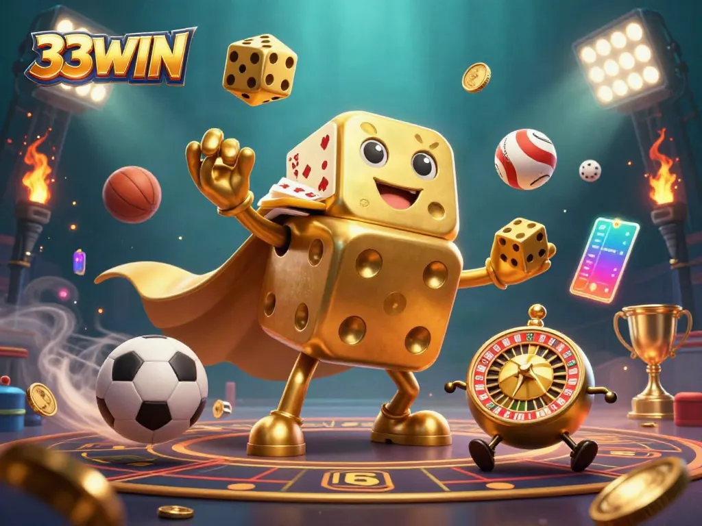 Experience the thrill of 33WIN with dynamic elements of gaming and sports in a vibrant illustration.