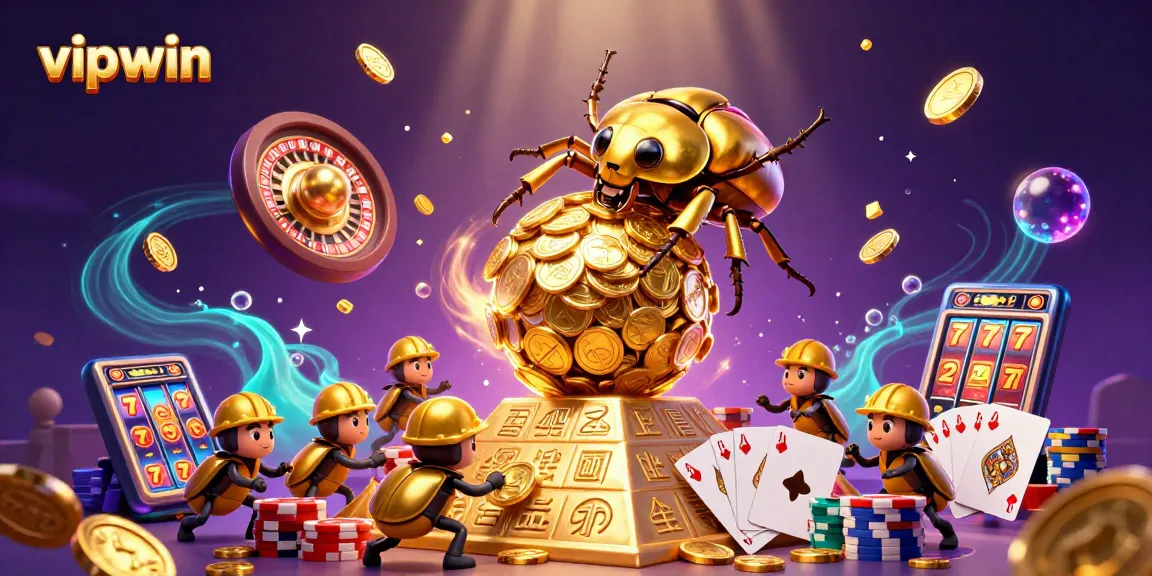 Engage with the thrilling world of vipwin as golden beetles roll coins up a pyramid surrounded by casino symbols.