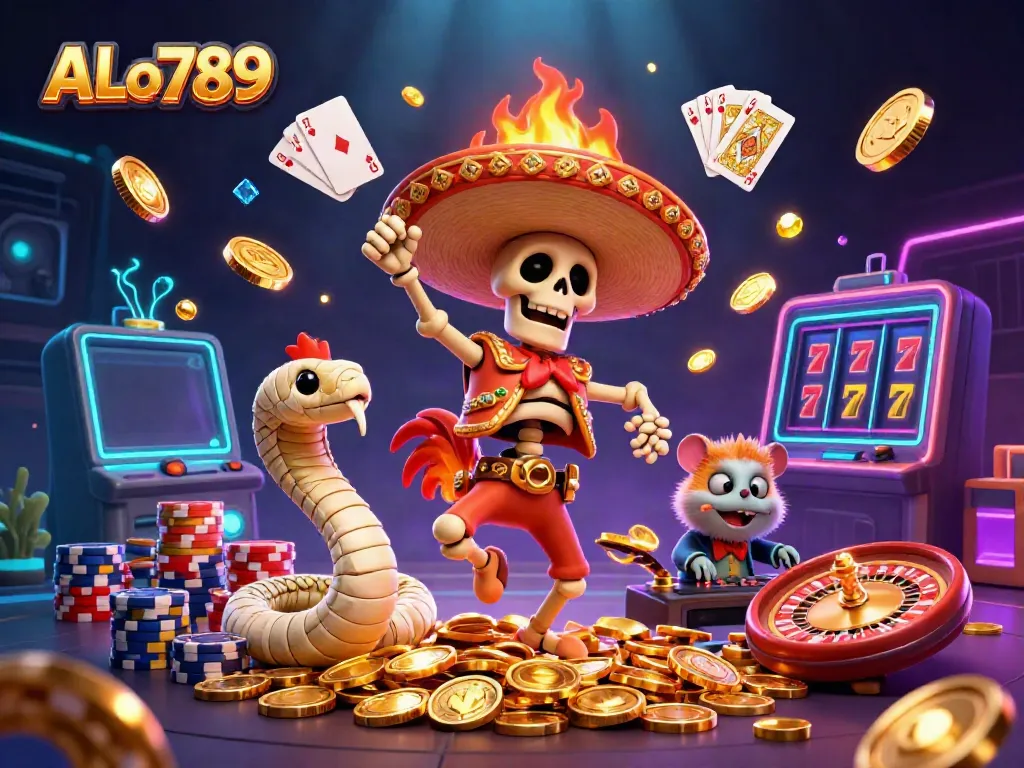 Experience thrilling excitement at ALo789 with a festive 3D casino scene full of vibrant characters celebrating wins among shimmering coins.