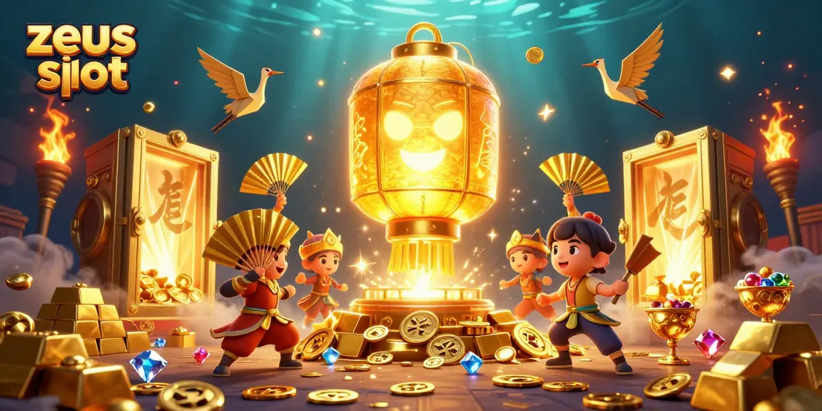 Experience the thrill of zeus slot with glowing lantern spirit and gold treasures in this vibrant casino scene.
