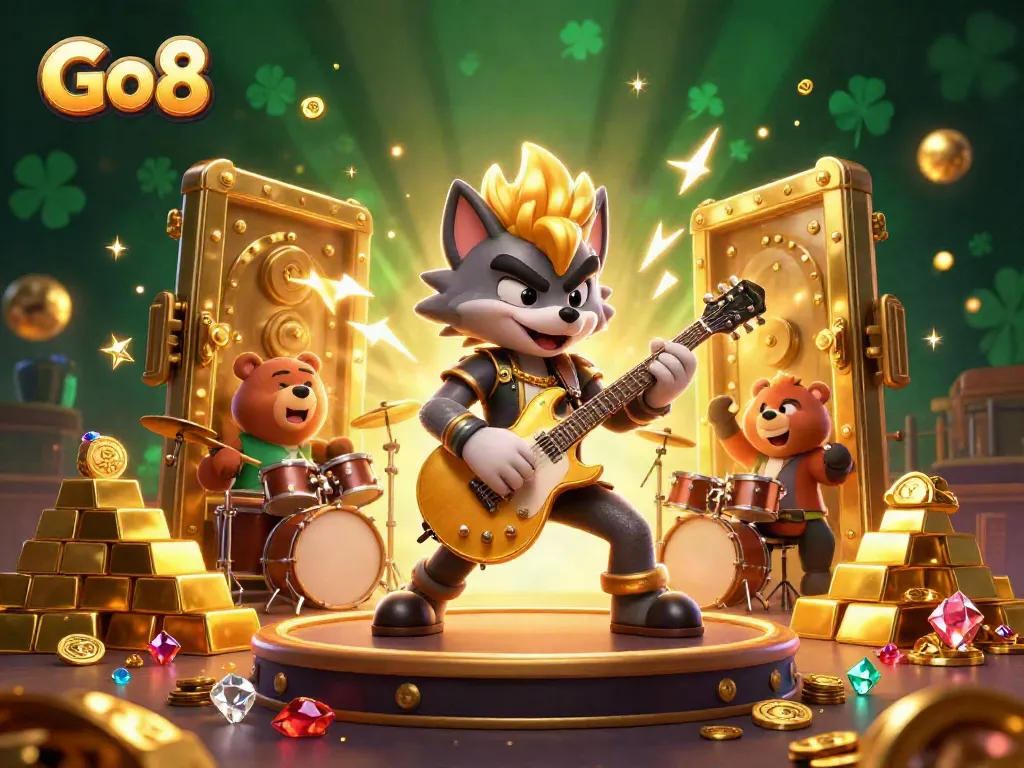 Go8 illustration of a rock star wolf and drummer bear performing on a casino stage amidst gold treasures.