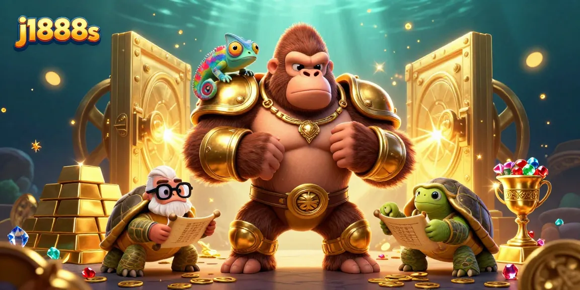Experience thrilling jackpots with j1888s in a vibrant 3D casino illustration filled with treasures.