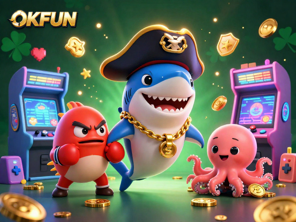 Join the excitement at OKFUN, where the 3D pirate shark revels in casino fun amidst colorful gaming elements.