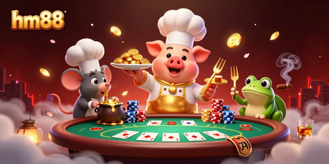 Engage with poker excitement at hm88 with cartoon chef serving gold coins and lively characters.