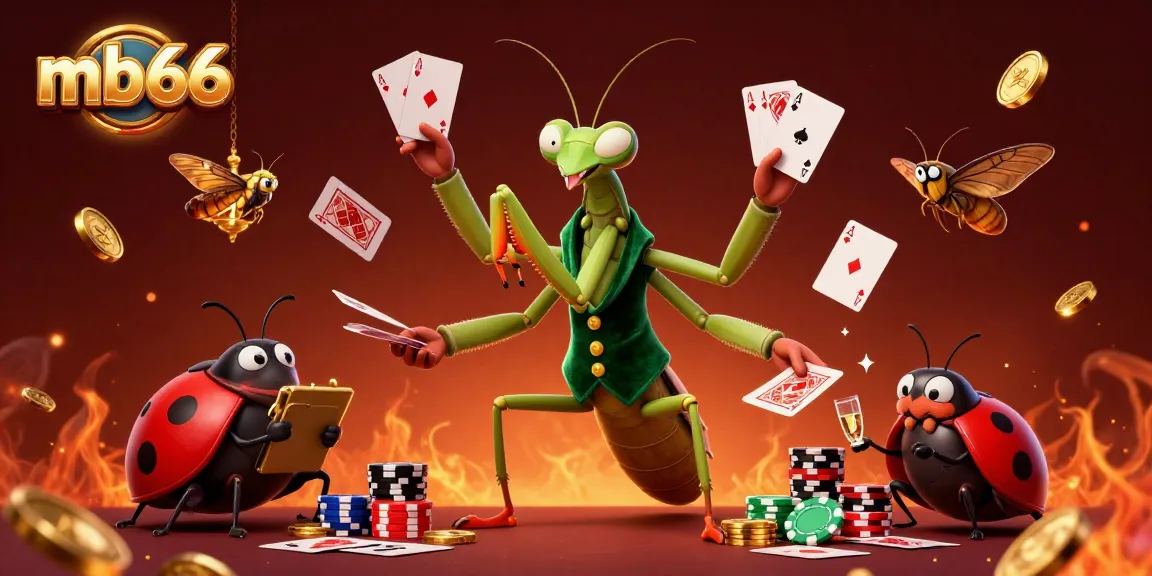 Engage in thrilling poker action with mb66 featuring a colorful mantis dealer and lively game elements.
