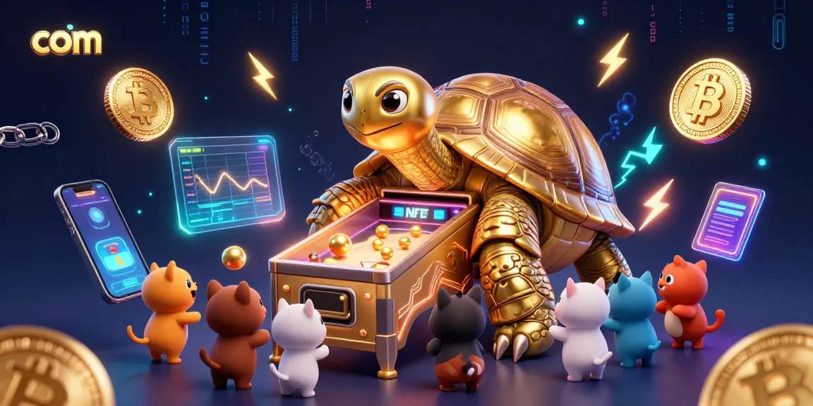 Engage with com in this vibrant 3D casino scene featuring a golden tortoise and crypto elements.